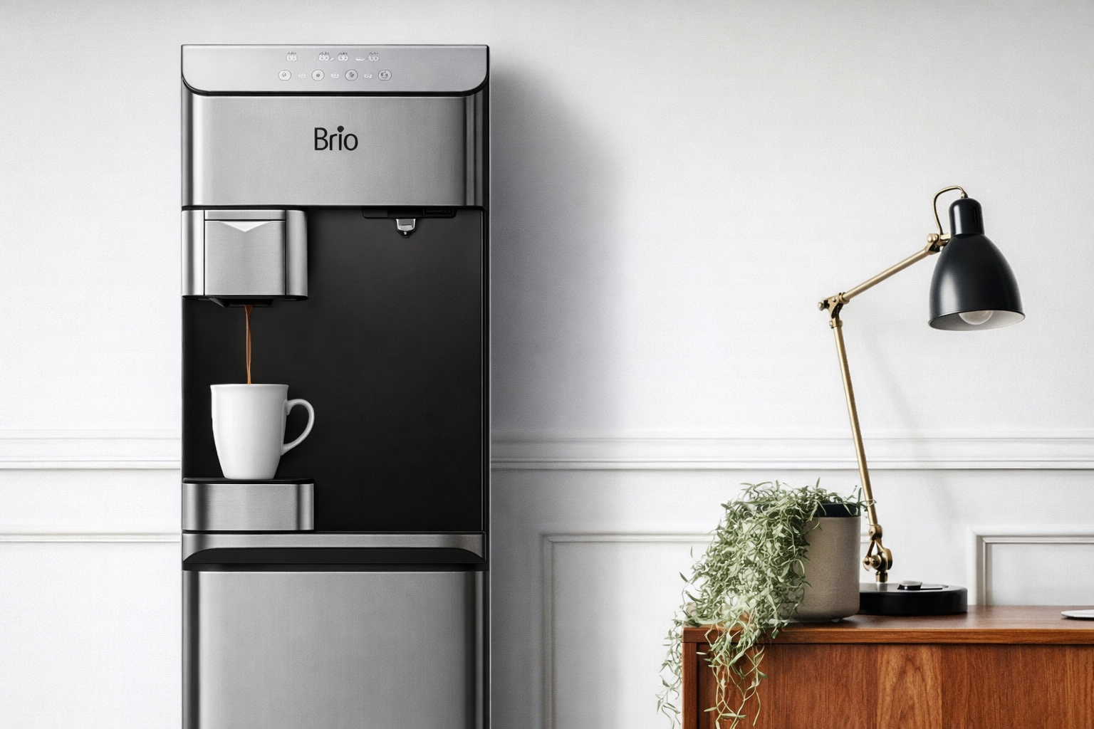 Connected water dispenser preview with a cup under the spout in a bright kitchen setting.